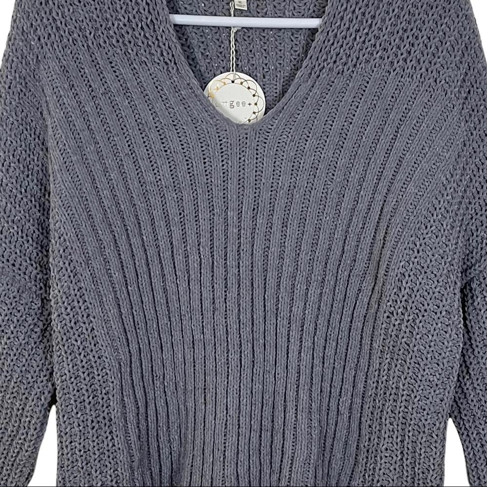 Umgee Oversized Chenille Loose Knit Wide Neckline V-neck Sweater - Picture 3 of 16